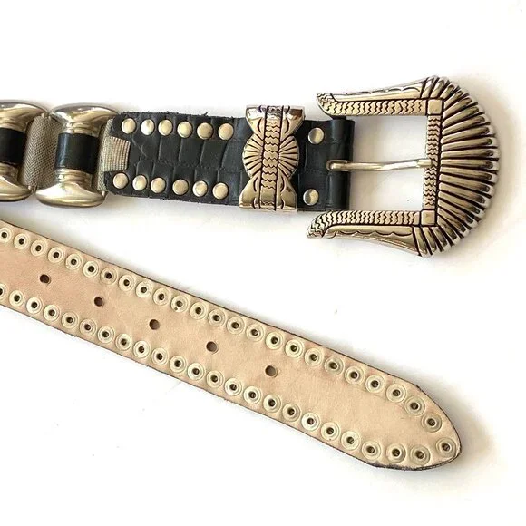 Vintage Black Leather, Silver Metal and Mesh Belt - Goth, Punk, Emo - Picture 3 of 8